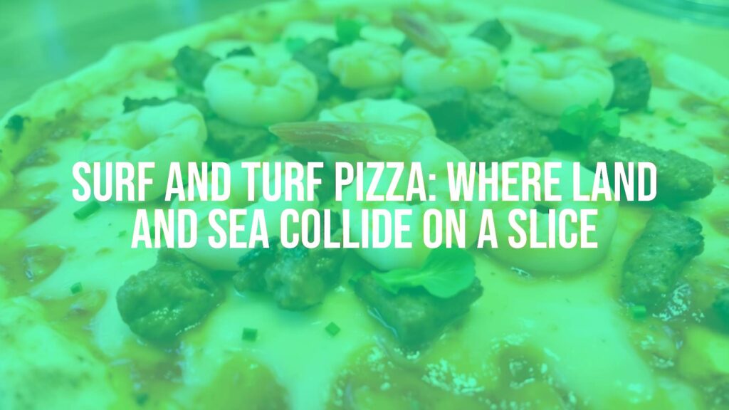 Gourmet surf and turf pizza, topped with shrimp, steak, and melted cheese, crispy crust, delicious and indulgent, food photography style.