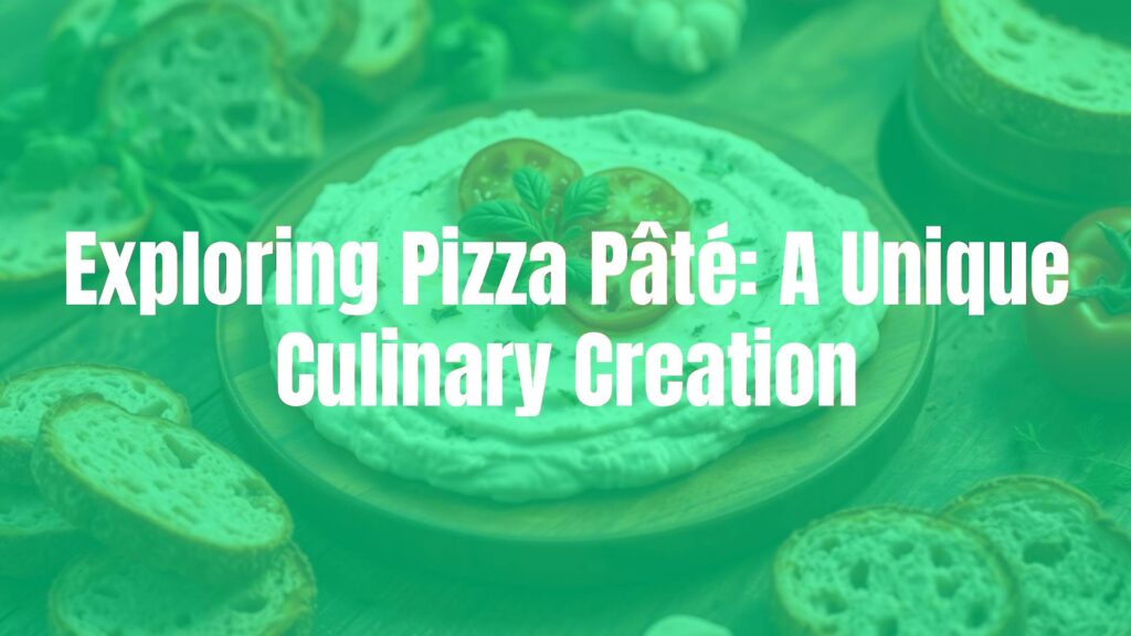 A smooth, creamy pizza pâté spread on a rustic wooden board, topped with melted cheese, tomato slices, and fresh herbs, surrounded by bread slices and Italian ingredients, warm and inviting lighting, realistic.